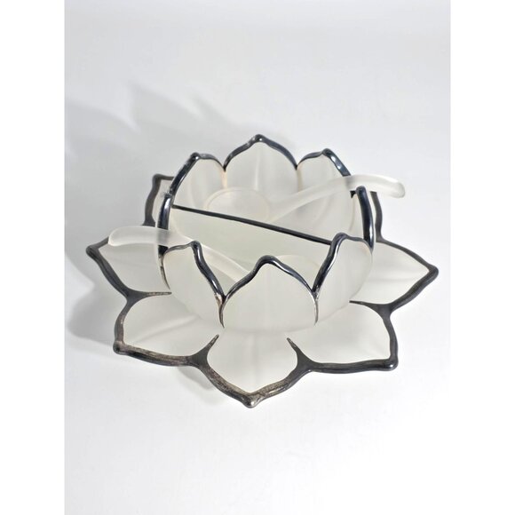 Frosted Glass Lotus Serving Bowl Plate Spoons With Silver-Toned Trim Vintage - Picture 1 of 12